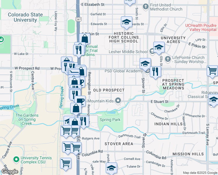 map of restaurants, bars, coffee shops, grocery stores, and more near 400 Alpert Avenue in Fort Collins