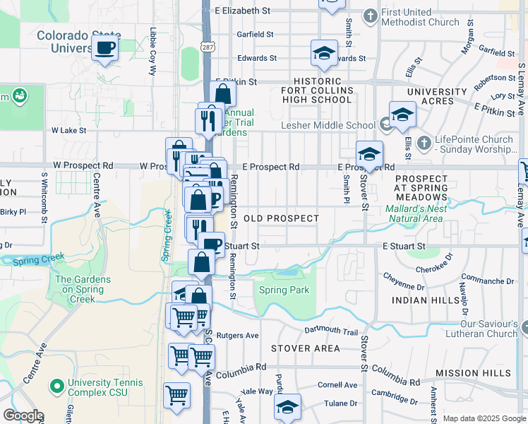 map of restaurants, bars, coffee shops, grocery stores, and more near 306 Alpert Avenue in Fort Collins
