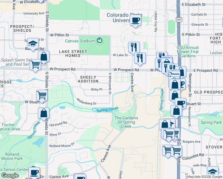 map of restaurants, bars, coffee shops, grocery stores, and more near 1932 Sheely Drive in Fort Collins