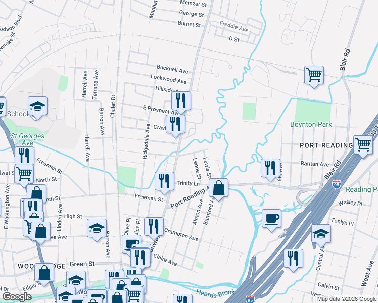 map of restaurants, bars, coffee shops, grocery stores, and more near 53 Wedgewood Avenue in Woodbridge Township