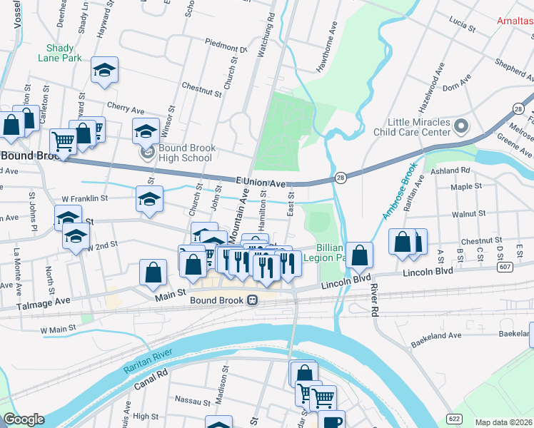 map of restaurants, bars, coffee shops, grocery stores, and more near 422 Somerset Street in Bound Brook