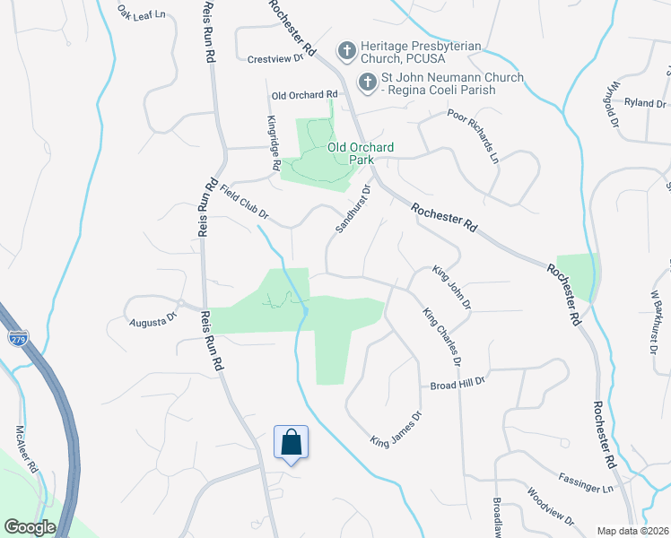 map of restaurants, bars, coffee shops, grocery stores, and more near 1569 King Charles Drive in Pittsburgh