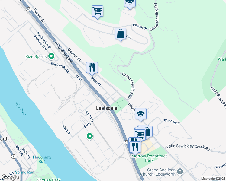 map of restaurants, bars, coffee shops, grocery stores, and more near 196 Broad Street in Leetsdale