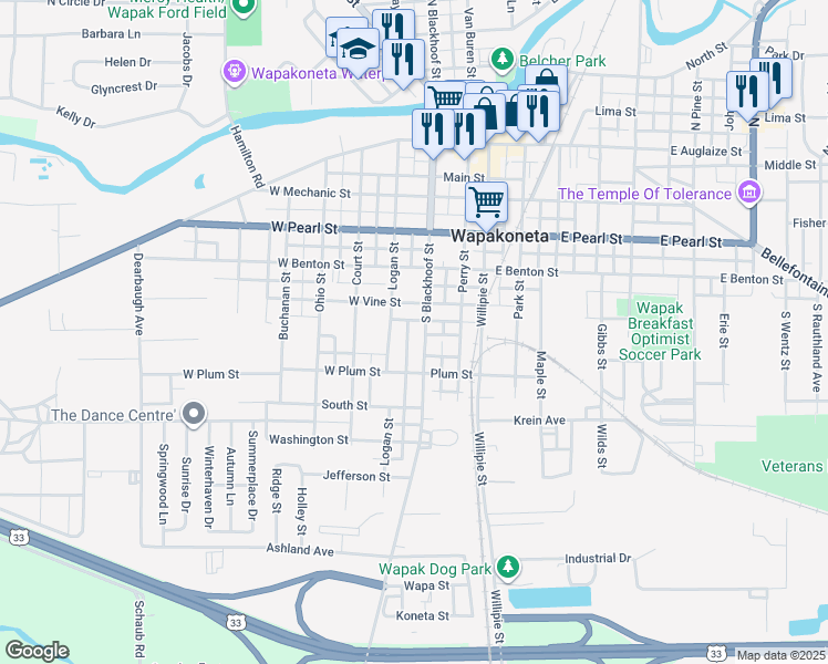 map of restaurants, bars, coffee shops, grocery stores, and more near 606 South Blackhoof Street in Wapakoneta