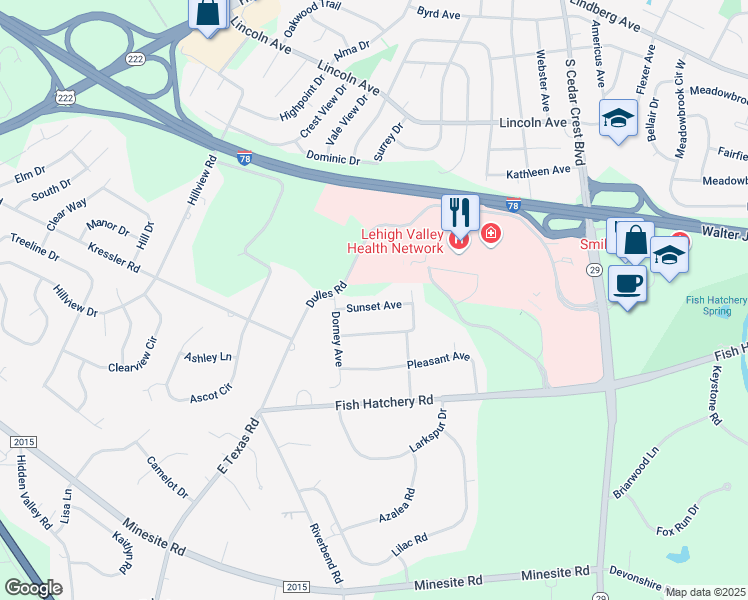map of restaurants, bars, coffee shops, grocery stores, and more near 3627 Sunset Avenue in Allentown