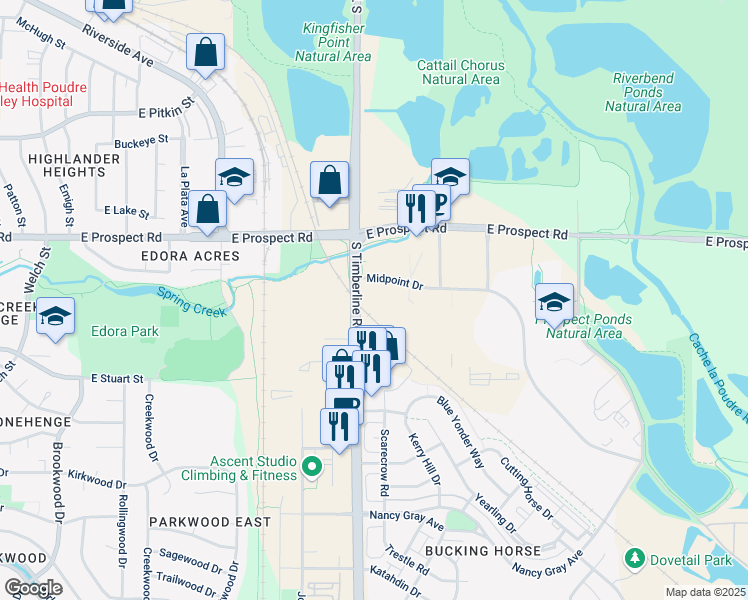 map of restaurants, bars, coffee shops, grocery stores, and more near 1788-1944 South Timberline Road in Fort Collins