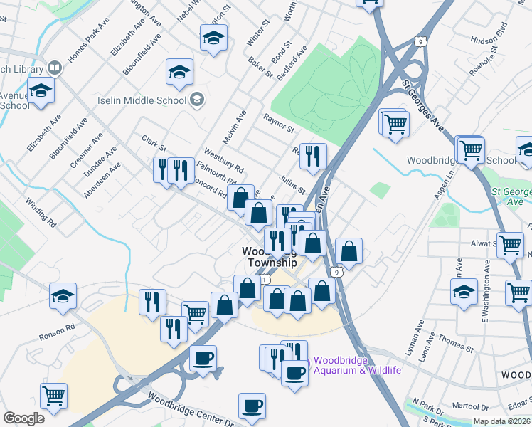 map of restaurants, bars, coffee shops, grocery stores, and more near 88 Brown Avenue in Woodbridge Township