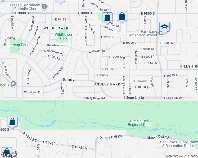 map of restaurants, bars, coffee shops, grocery stores, and more near 2009 Sweetbriar Lane in Sandy