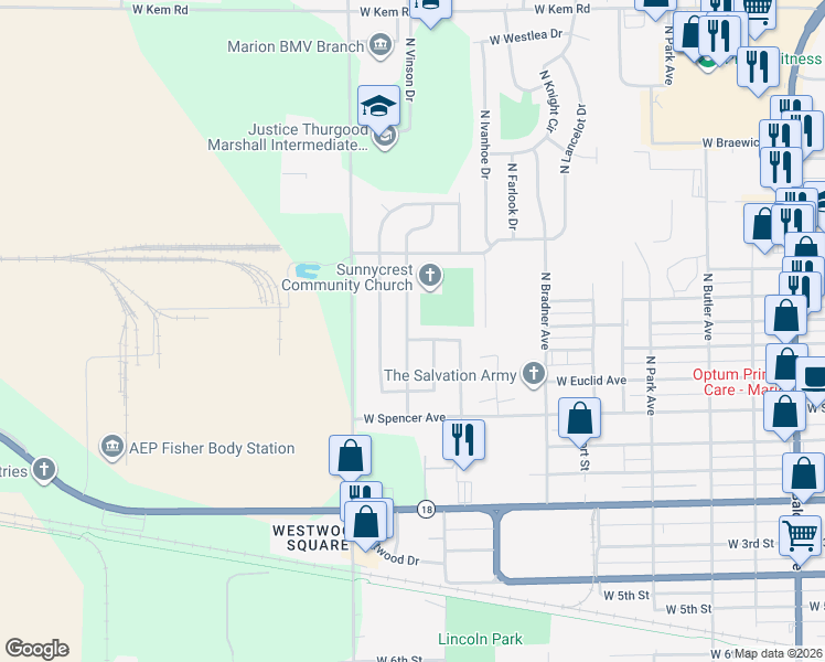 map of restaurants, bars, coffee shops, grocery stores, and more near 2033 W Walnut St in Marion