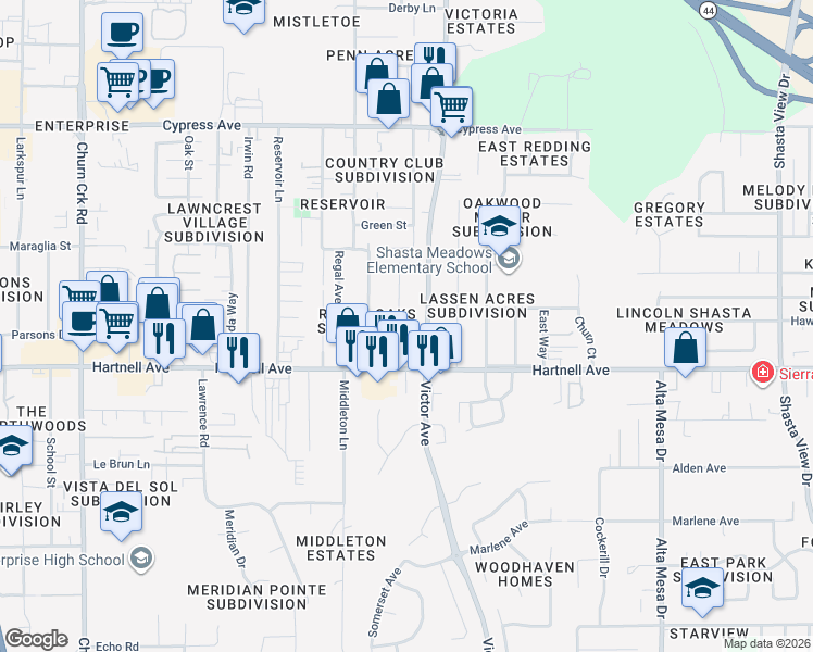 map of restaurants, bars, coffee shops, grocery stores, and more near 2946 Victor Avenue in Redding