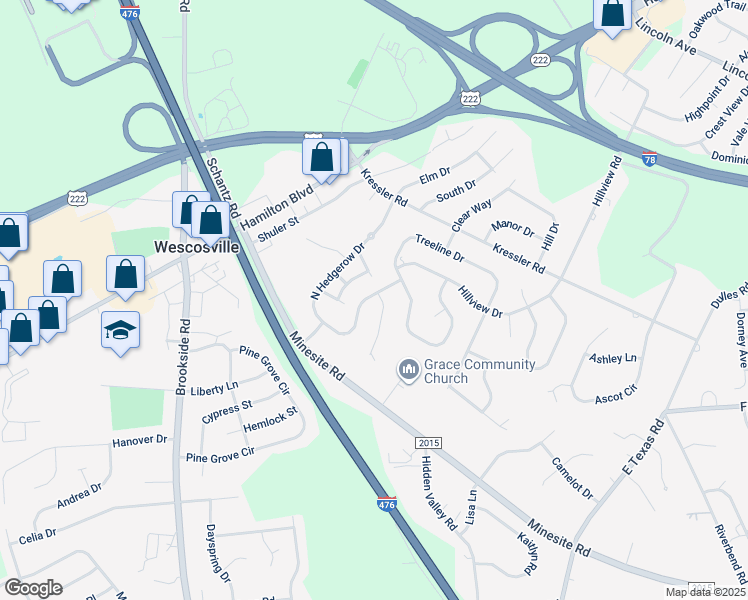 map of restaurants, bars, coffee shops, grocery stores, and more near 4891 S Hedgerow Dr in Allentown