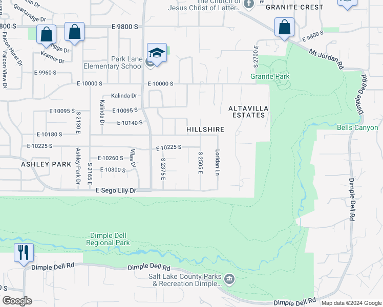 map of restaurants, bars, coffee shops, grocery stores, and more near 10247 South 2460 East in Sandy