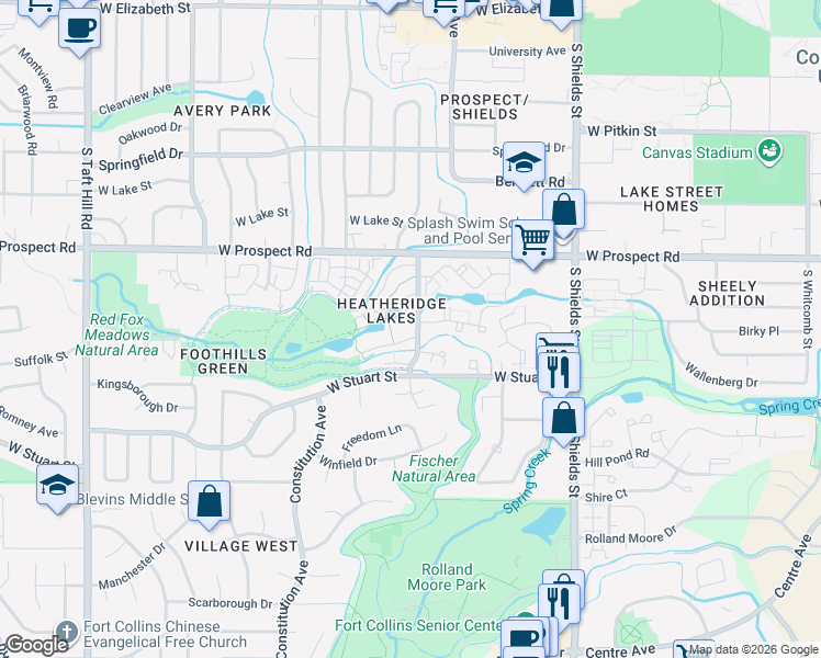 map of restaurants, bars, coffee shops, grocery stores, and more near 1368 Village Park Court in Fort Collins