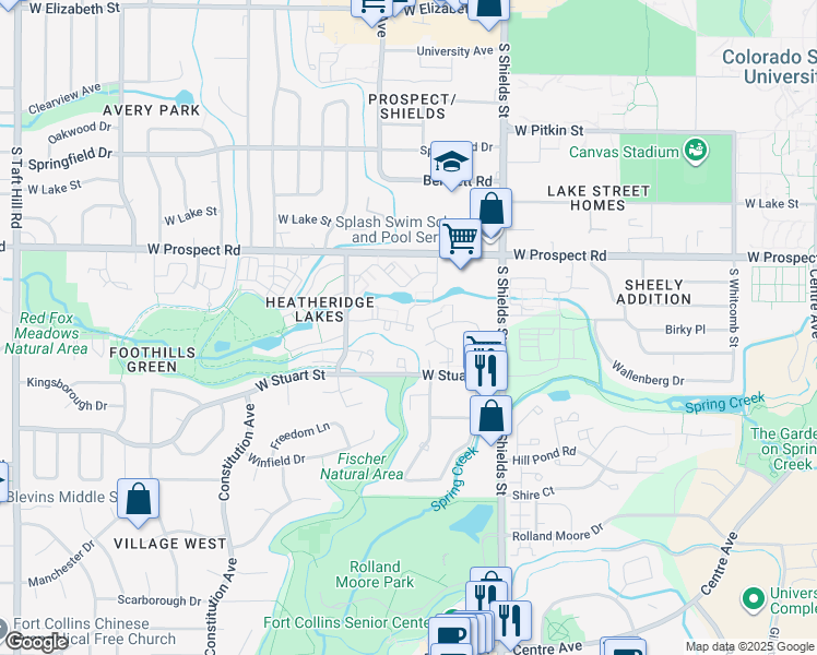 map of restaurants, bars, coffee shops, grocery stores, and more near 1736 Heritage Circle in Fort Collins