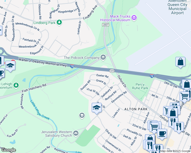 map of restaurants, bars, coffee shops, grocery stores, and more near 1414 Grace Street in Allentown