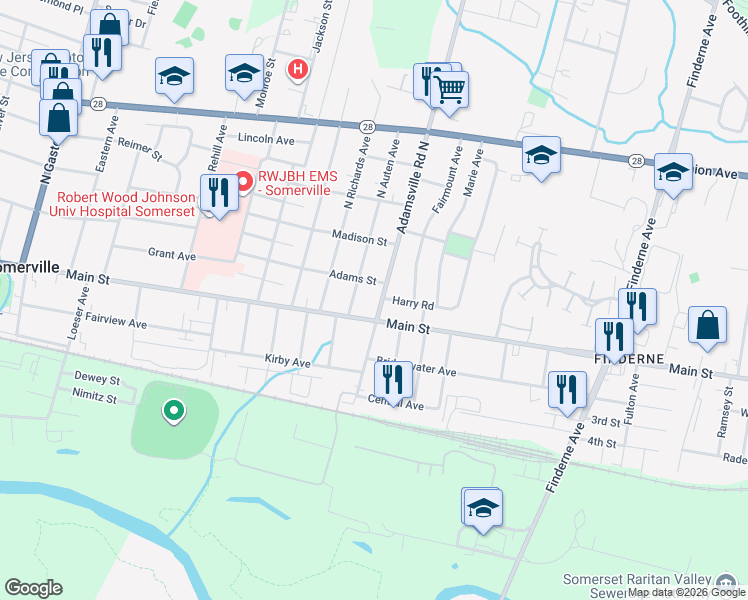 map of restaurants, bars, coffee shops, grocery stores, and more near 509 East Main Street in Somerville