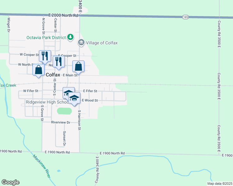 map of restaurants, bars, coffee shops, grocery stores, and more near 601 East Wood Street in Colfax