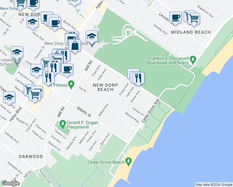 map of restaurants, bars, coffee shops, grocery stores, and more near 62 Milton Avenue in Staten Island