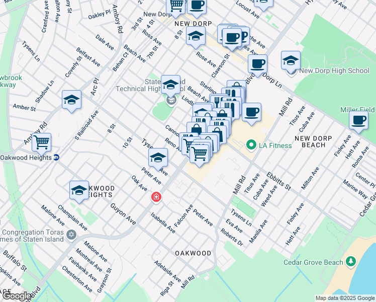 map of restaurants, bars, coffee shops, grocery stores, and more near 2754 Hylan Boulevard in Staten Island
