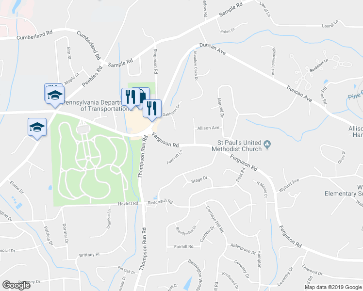 map of restaurants, bars, coffee shops, grocery stores, and more near 905 Foxcroft Lane in McCandless