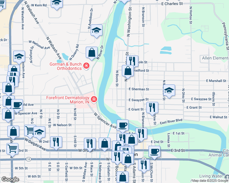 map of restaurants, bars, coffee shops, grocery stores, and more near 220 W Swayzee St in Marion