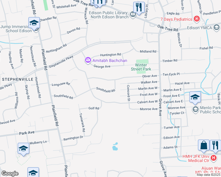 map of restaurants, bars, coffee shops, grocery stores, and more near 25 Southfield Road in Edison