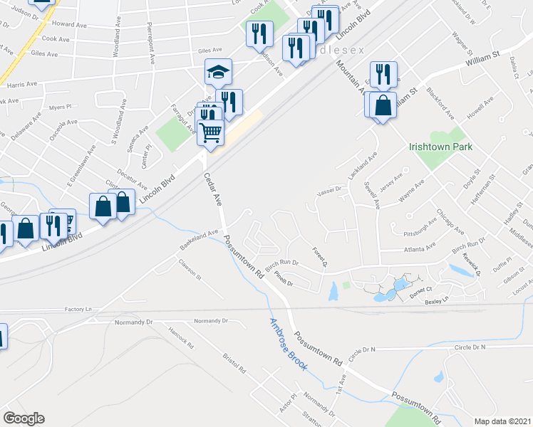 map of restaurants, bars, coffee shops, grocery stores, and more near 141 Forest Drive in Piscataway