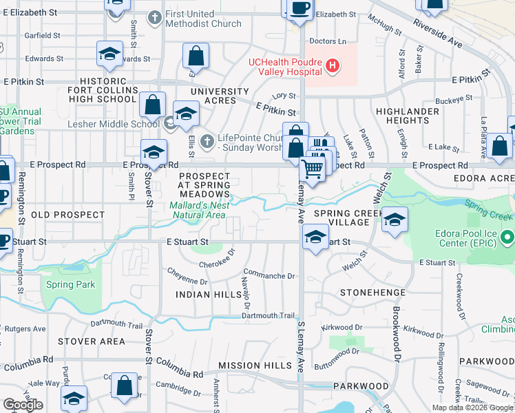 map of restaurants, bars, coffee shops, grocery stores, and more near 1708 Springmeadows Court in Fort Collins