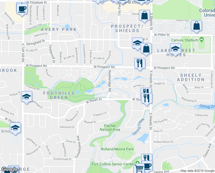 map of restaurants, bars, coffee shops, grocery stores, and more near 1368 Village Park Court in Fort Collins