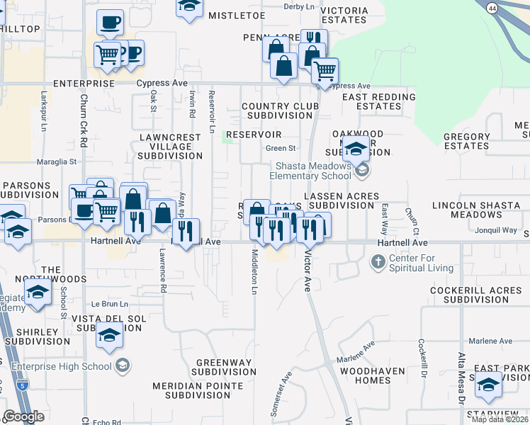 map of restaurants, bars, coffee shops, grocery stores, and more near 2949 Fairway Avenue in Redding