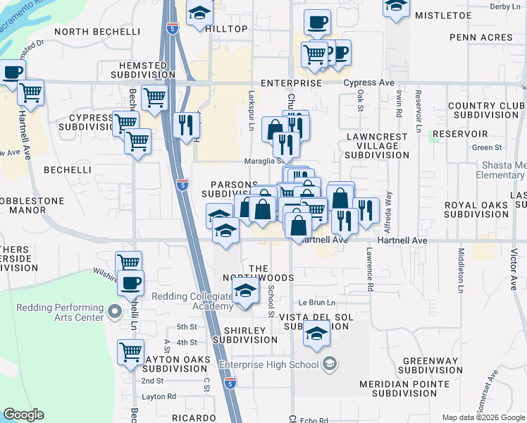 map of restaurants, bars, coffee shops, grocery stores, and more near 901 Parsons Drive in Redding