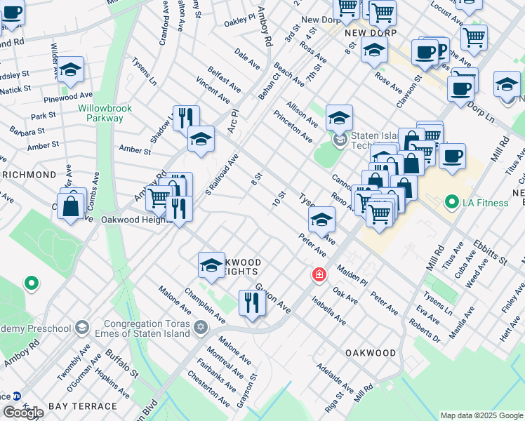 map of restaurants, bars, coffee shops, grocery stores, and more near 6 Leeds Street in Staten Island