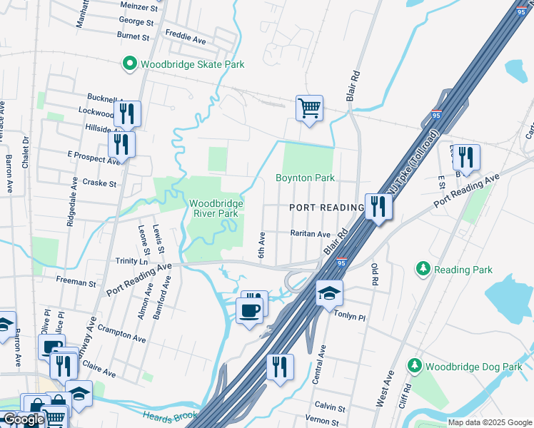 map of restaurants, bars, coffee shops, grocery stores, and more near 9 East 5th Avenue in Woodbridge Township