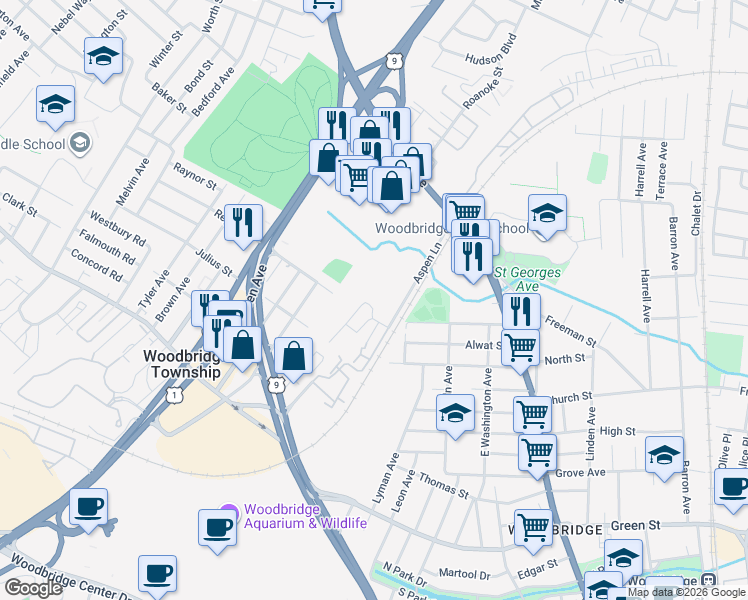 map of restaurants, bars, coffee shops, grocery stores, and more near 170 Overlook Court in Woodbridge Township