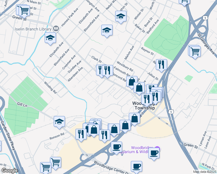 map of restaurants, bars, coffee shops, grocery stores, and more near 409 Green Hollow Drive in Woodbridge Township