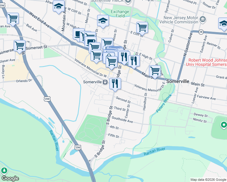 map of restaurants, bars, coffee shops, grocery stores, and more near 107 South Bridge Street in Somerville
