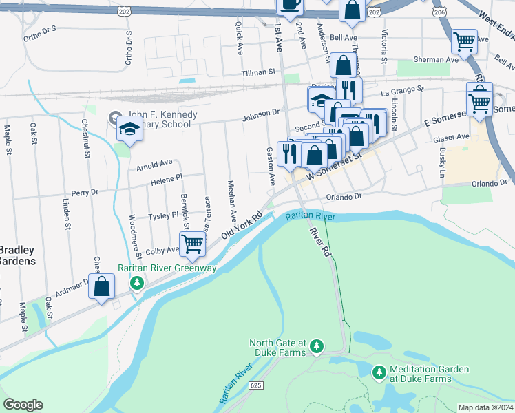map of restaurants, bars, coffee shops, grocery stores, and more near 816 Old York Road in Raritan