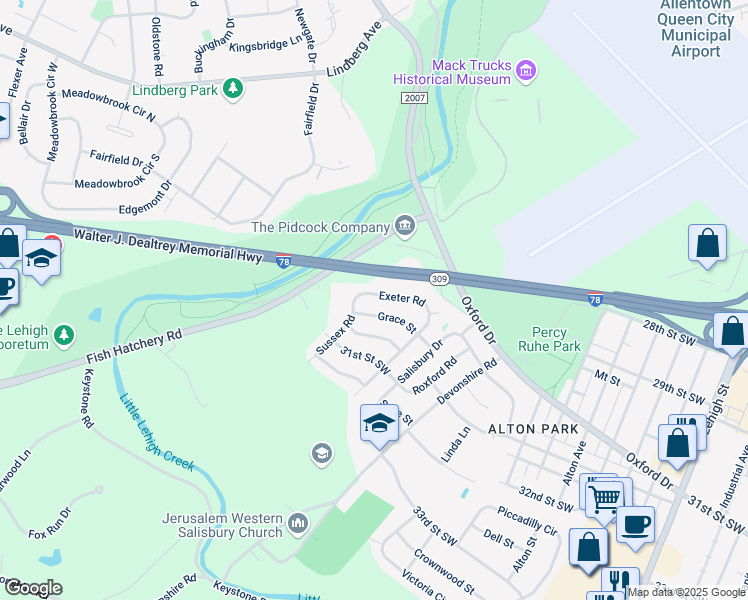 map of restaurants, bars, coffee shops, grocery stores, and more near 1414 Grace Street in Allentown
