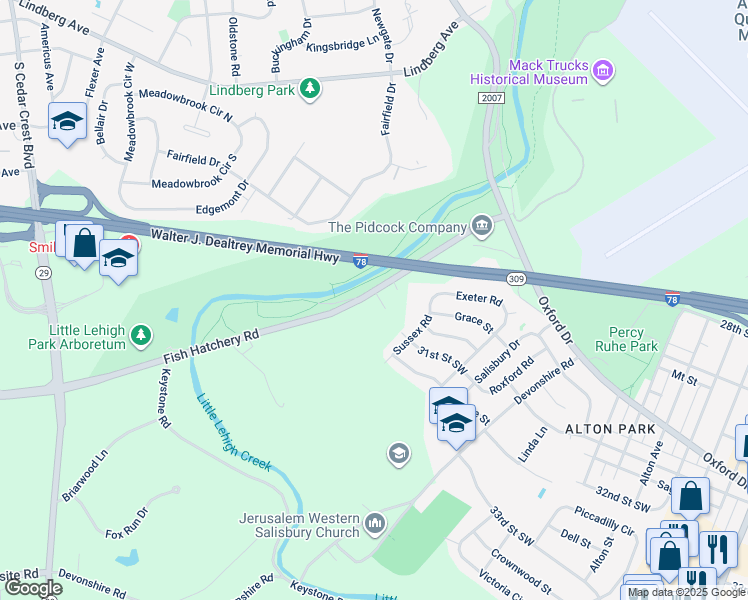 map of restaurants, bars, coffee shops, grocery stores, and more near 2626 Bridgets Way in Allentown