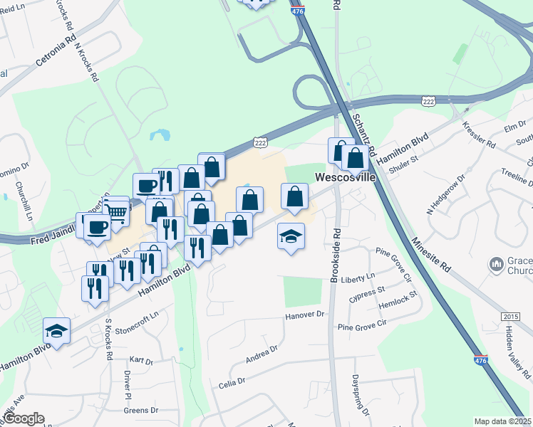 map of restaurants, bars, coffee shops, grocery stores, and more near 5160 Hamilton Boulevard in Allentown