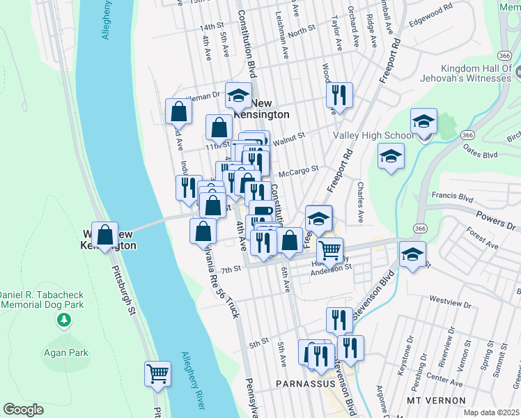 map of restaurants, bars, coffee shops, grocery stores, and more near 843 5th Avenue in New Kensington
