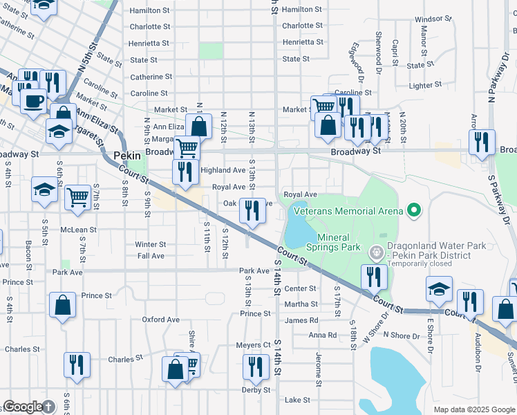 map of restaurants, bars, coffee shops, grocery stores, and more near 1304 Spring Street in Pekin