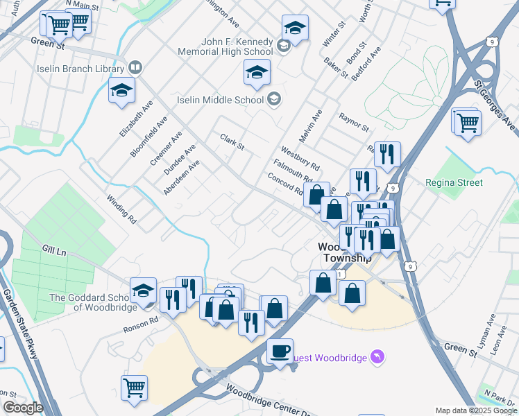 map of restaurants, bars, coffee shops, grocery stores, and more near 311 Green Hollow Drive in Woodbridge Township
