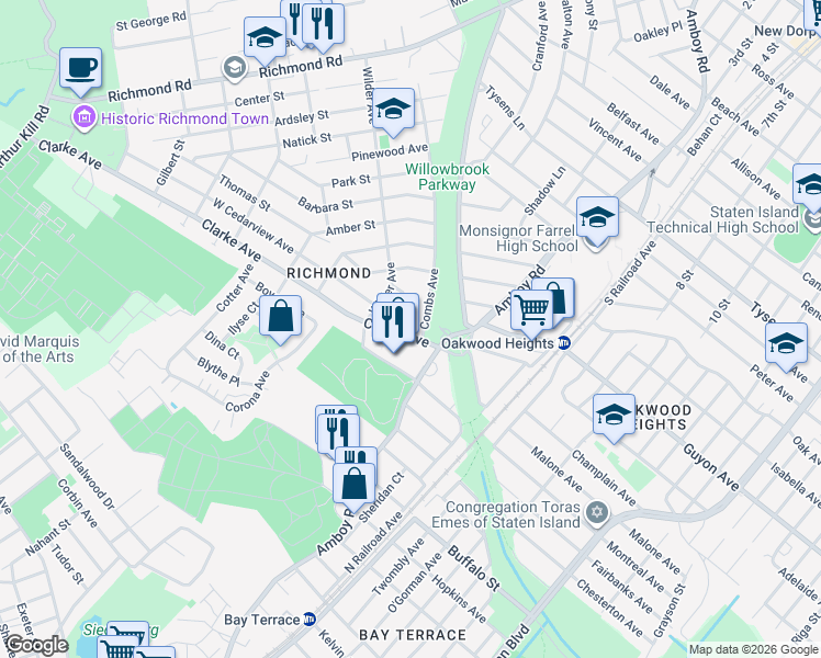 map of restaurants, bars, coffee shops, grocery stores, and more near 3155 Amboy Road in Staten Island