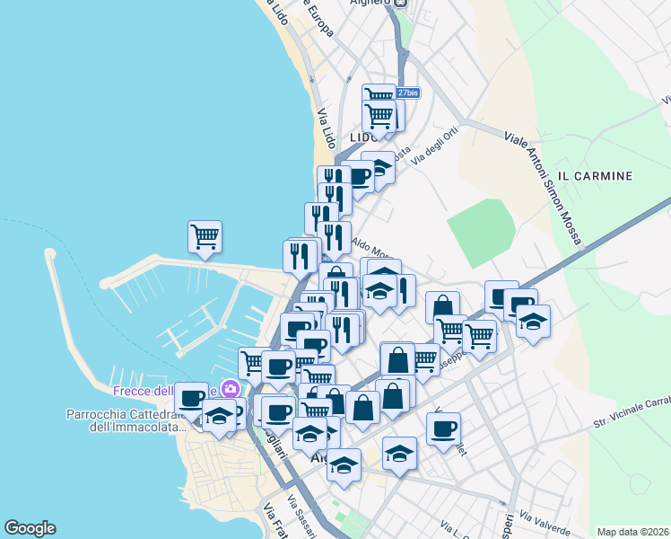 map of restaurants, bars, coffee shops, grocery stores, and more near 45 Via degli Orti in Alghero