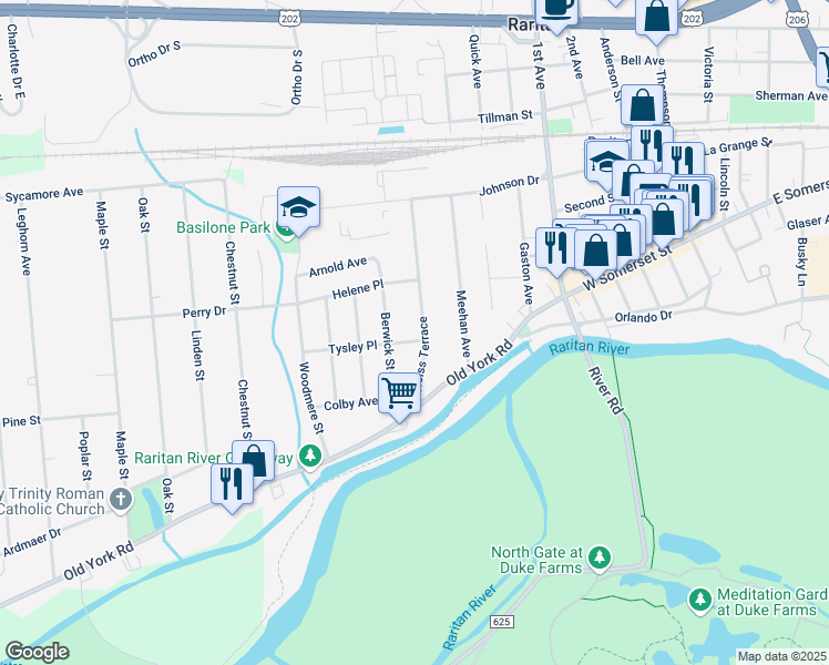 map of restaurants, bars, coffee shops, grocery stores, and more near 15 Weiss Terrace in Raritan