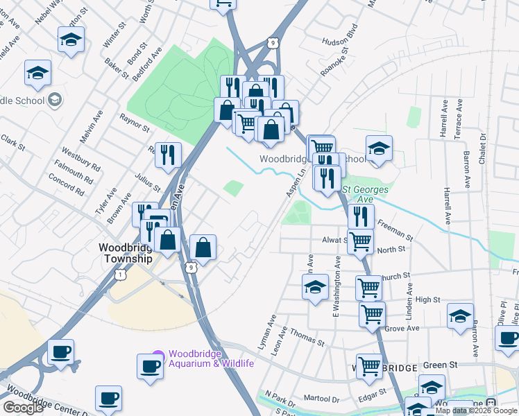 map of restaurants, bars, coffee shops, grocery stores, and more near 170 Overlook Court in Woodbridge Township