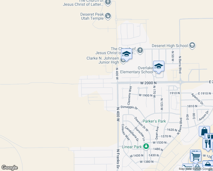 map of restaurants, bars, coffee shops, grocery stores, and more near 443 West 1950 North in Tooele