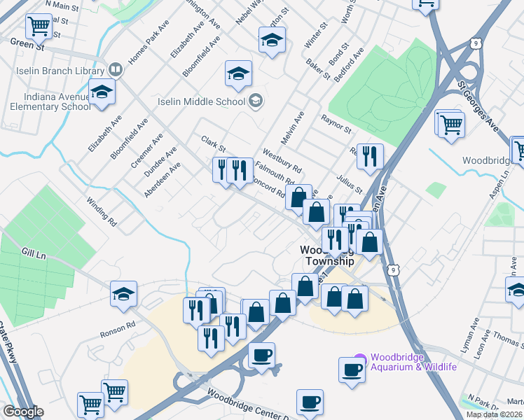 map of restaurants, bars, coffee shops, grocery stores, and more near 785 Green Street in Woodbridge Township