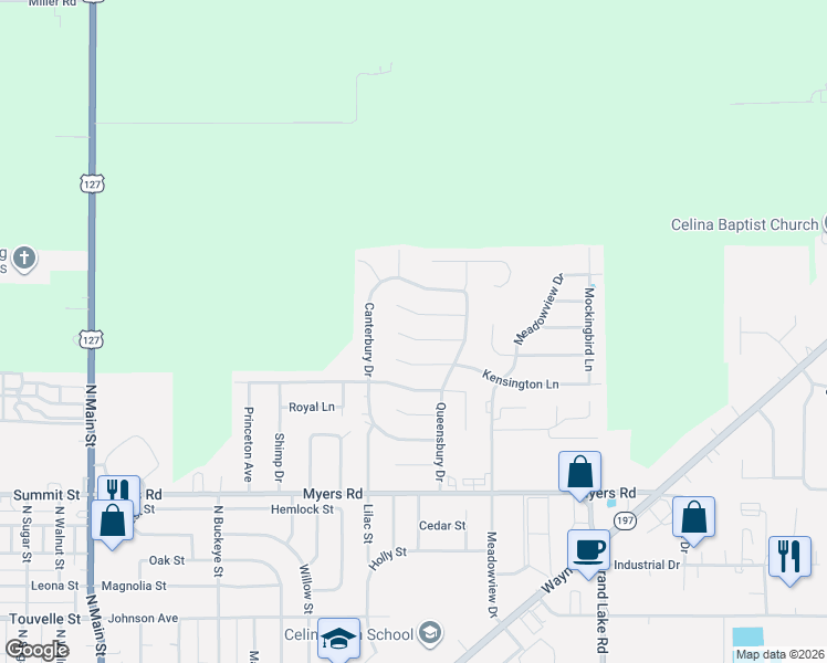 map of restaurants, bars, coffee shops, grocery stores, and more near 906 Ivy Lane in Celina
